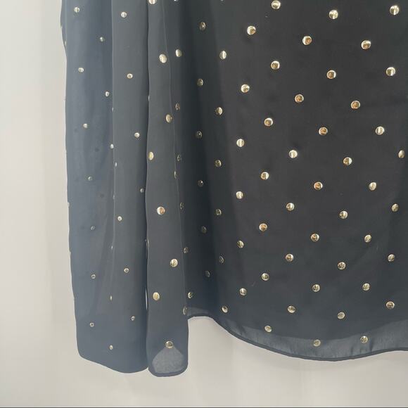 VINCE CAMUTO Blouse Black Gold Dot Grommet Holiday Cocktail Sheer Size Medium - Picture 6 of 13